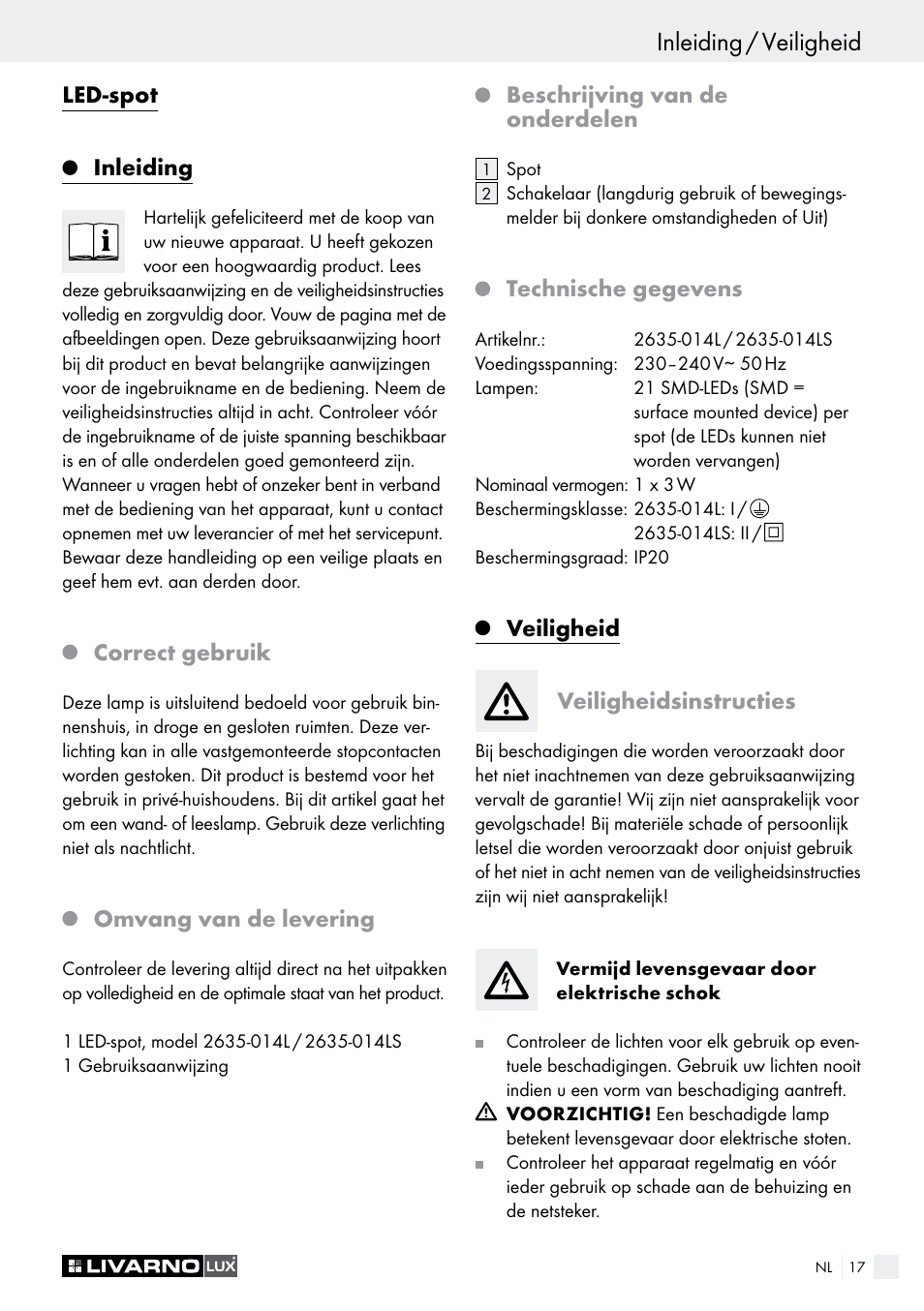 Inleiding / veiligheid, Led-spot inleiding, Correct gebruik | Omvang van de levering, Beschrijving van de onderdelen, Technische gegevens, Veiligheid veiligheidsinstructies | Livarno LED SPOTLIGHT User Manual | Page 17 / 25