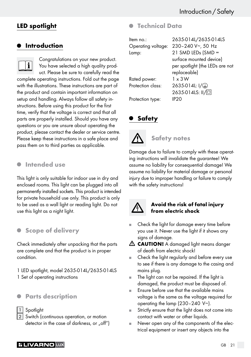 Introduction / safety, Led spotlight introduction, Intended use | Scope of delivery, Parts description, Technical data | Livarno LED SPOTLIGHT User Manual | Page 21 / 25