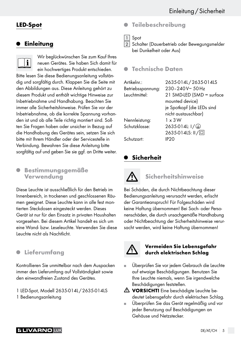 Einleitung / sicherheit, Led-spot einleitung, Bestimmungsgemäße verwendung | Lieferumfang, Teilebeschreibung, Technische daten, Sicherheit sicherheitshinweise | Livarno LED SPOTLIGHT User Manual | Page 5 / 25