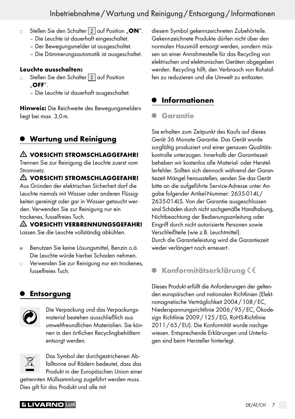 Wartung und reinigung, Entsorgung, Informationen garantie | Konformitätserklärung | Livarno LED SPOTLIGHT User Manual | Page 7 / 25