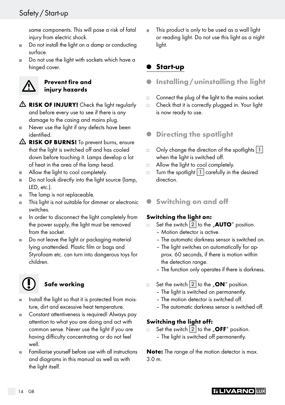 Safety / start-up, Start-up installing / uninstalling the light, Directing the spotlight | Switching on and off | Livarno LED SPOTLIGHT User Manual | Page 14 / 17