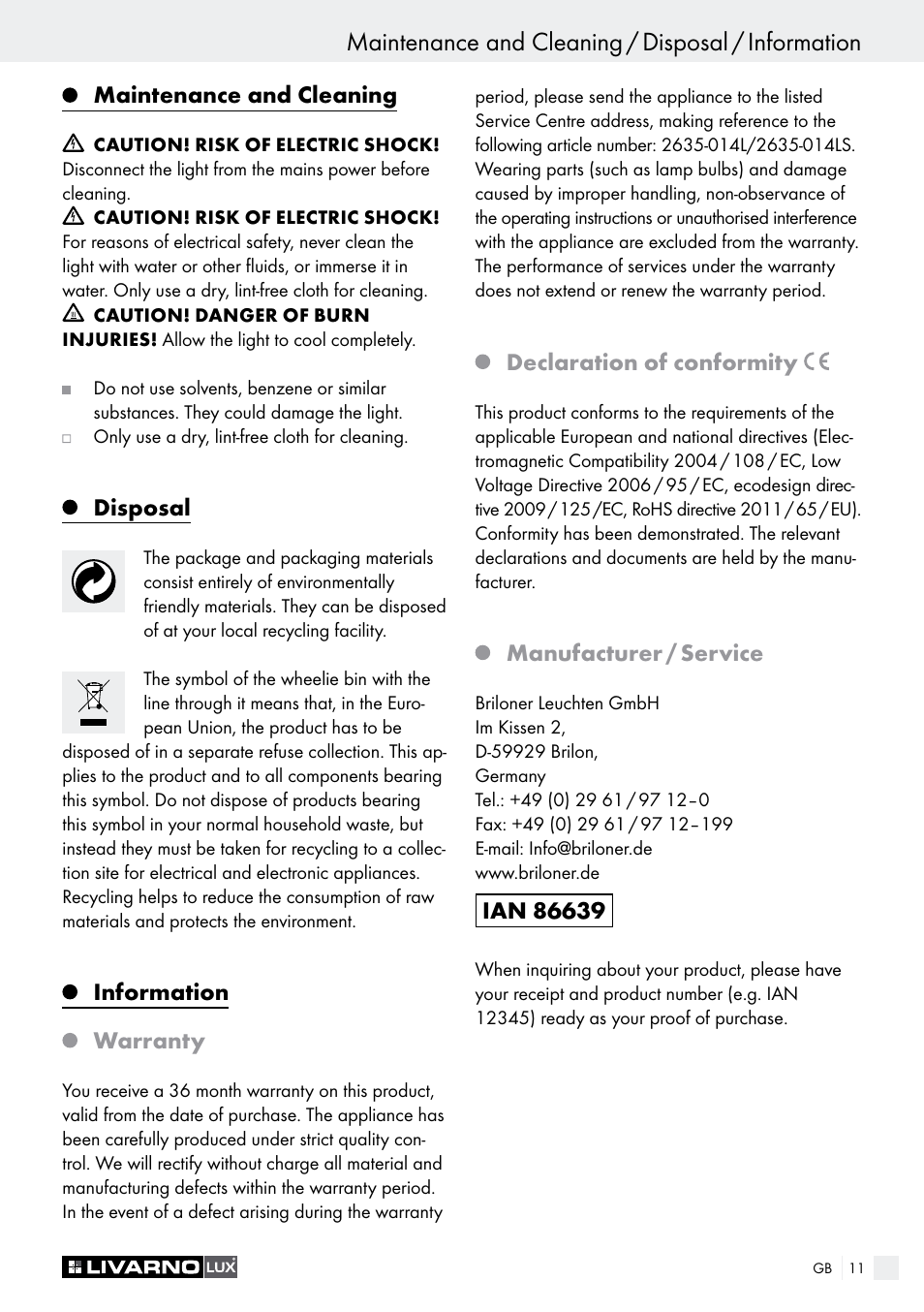 Maintenance and cleaning / disposal / information, Maintenance and cleaning, Disposal | Information warranty, Declaration of conformity, Manufacturer / service | Livarno LED SPOTLIGHT User Manual | Page 11 / 17