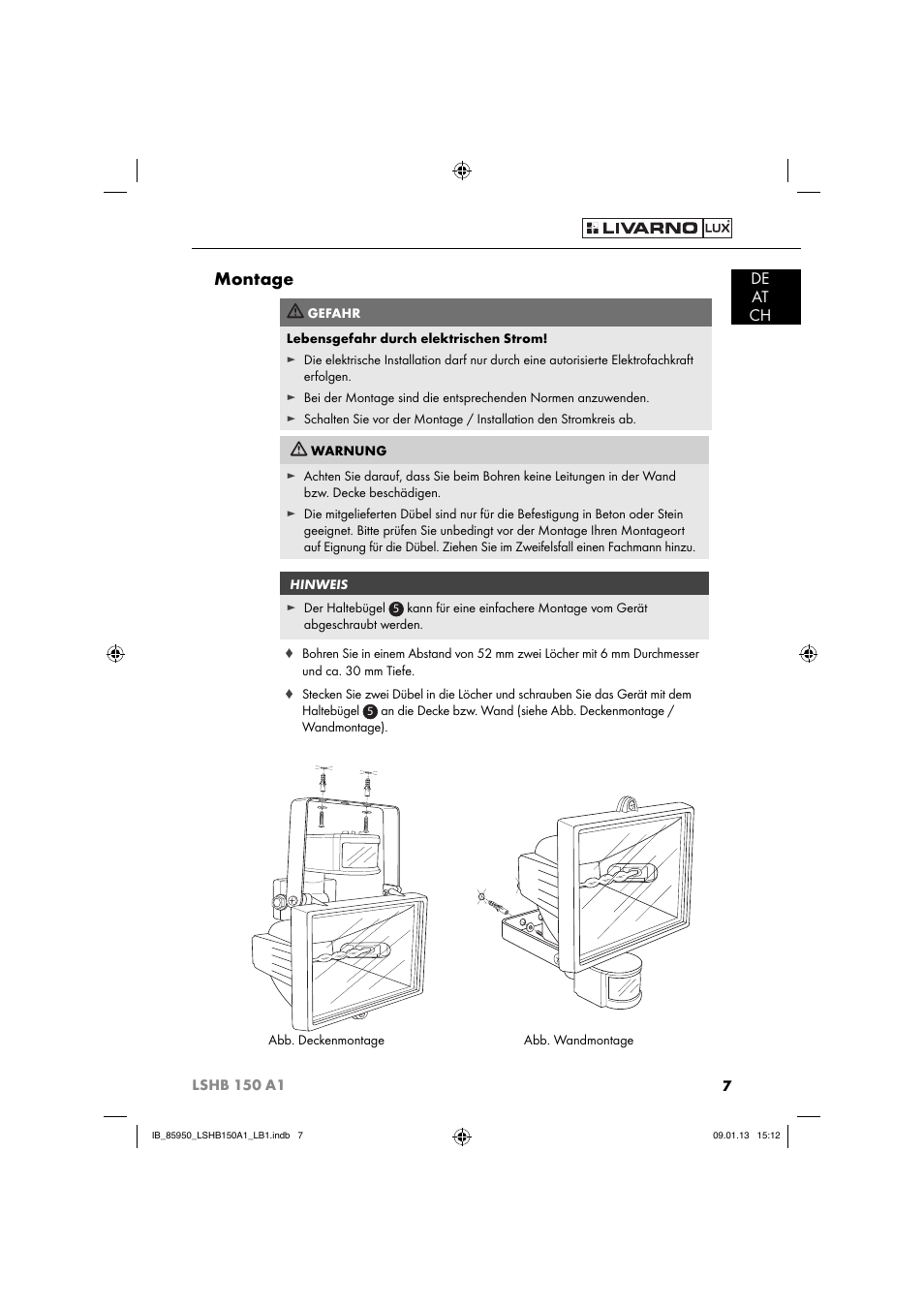 Montage, De at ch | Livarno LSHB 150 A1 User Manual | Page 10 / 64