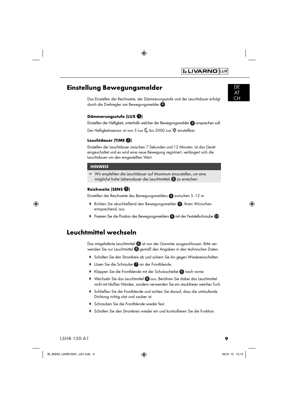 Einstellung bewegungsmelder, Leuchtmittel wechseln, De at ch | Livarno LSHB 150 A1 User Manual | Page 12 / 64