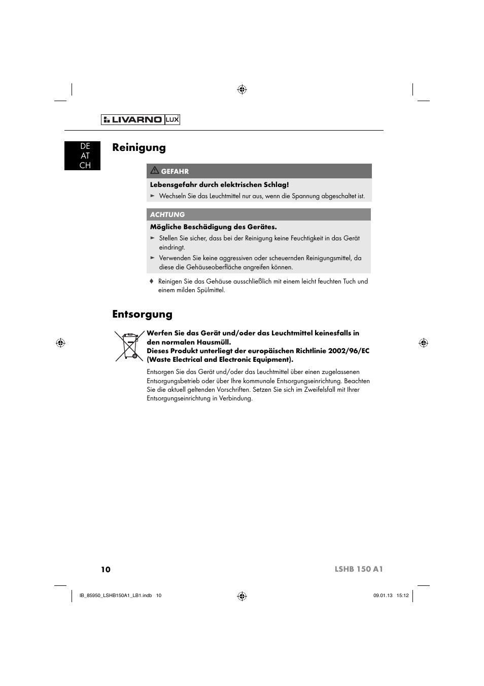 Reinigung, Entsorgung, De at ch | Livarno LSHB 150 A1 User Manual | Page 13 / 64