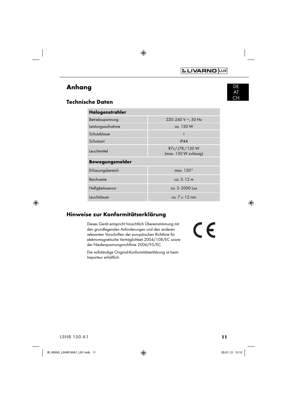 Anhang, Technische daten, Hinweise zur konformitätserklärung | De at ch | Livarno LSHB 150 A1 User Manual | Page 14 / 64