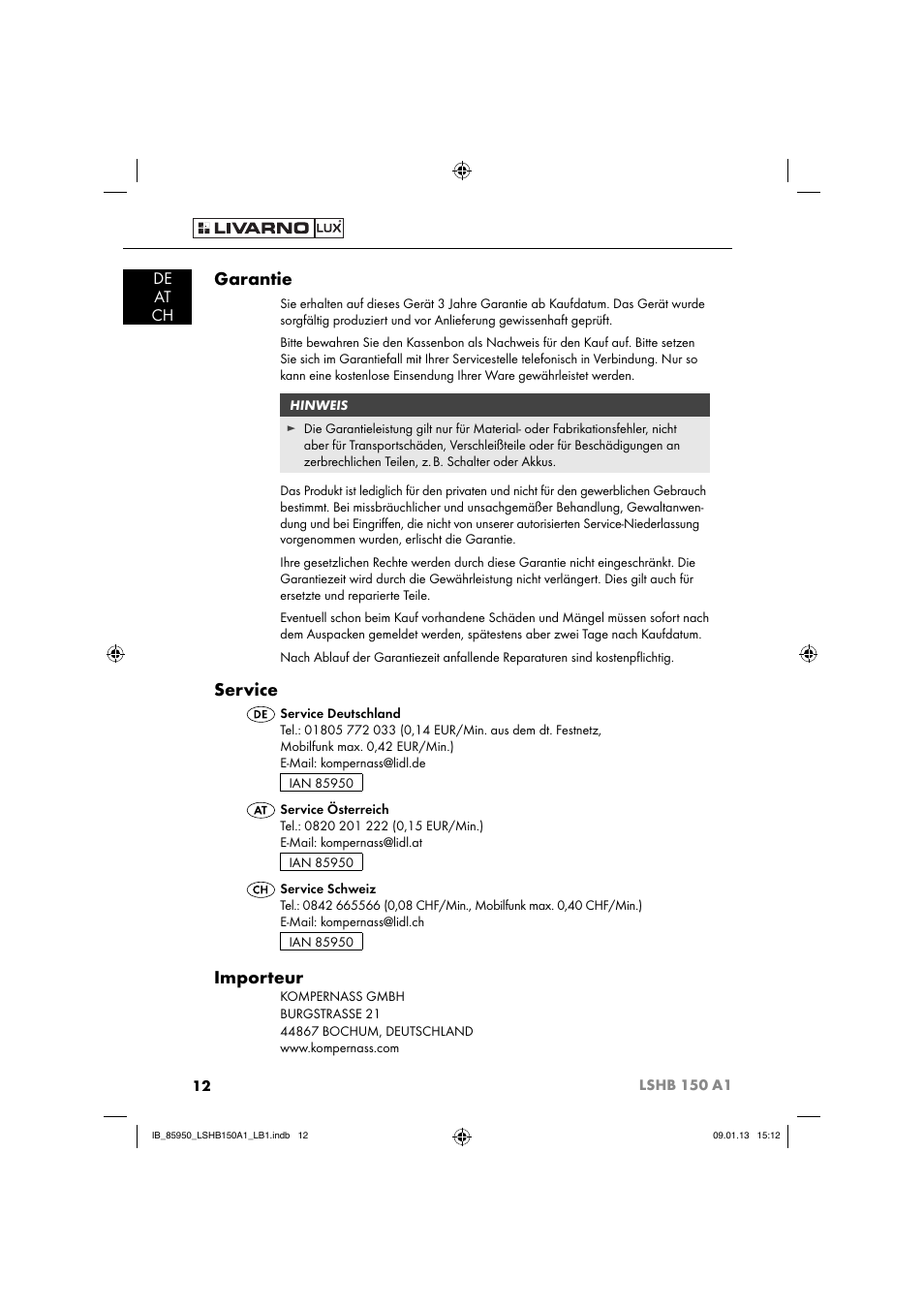 Garantie, Service, Importeur | De at ch | Livarno LSHB 150 A1 User Manual | Page 15 / 64