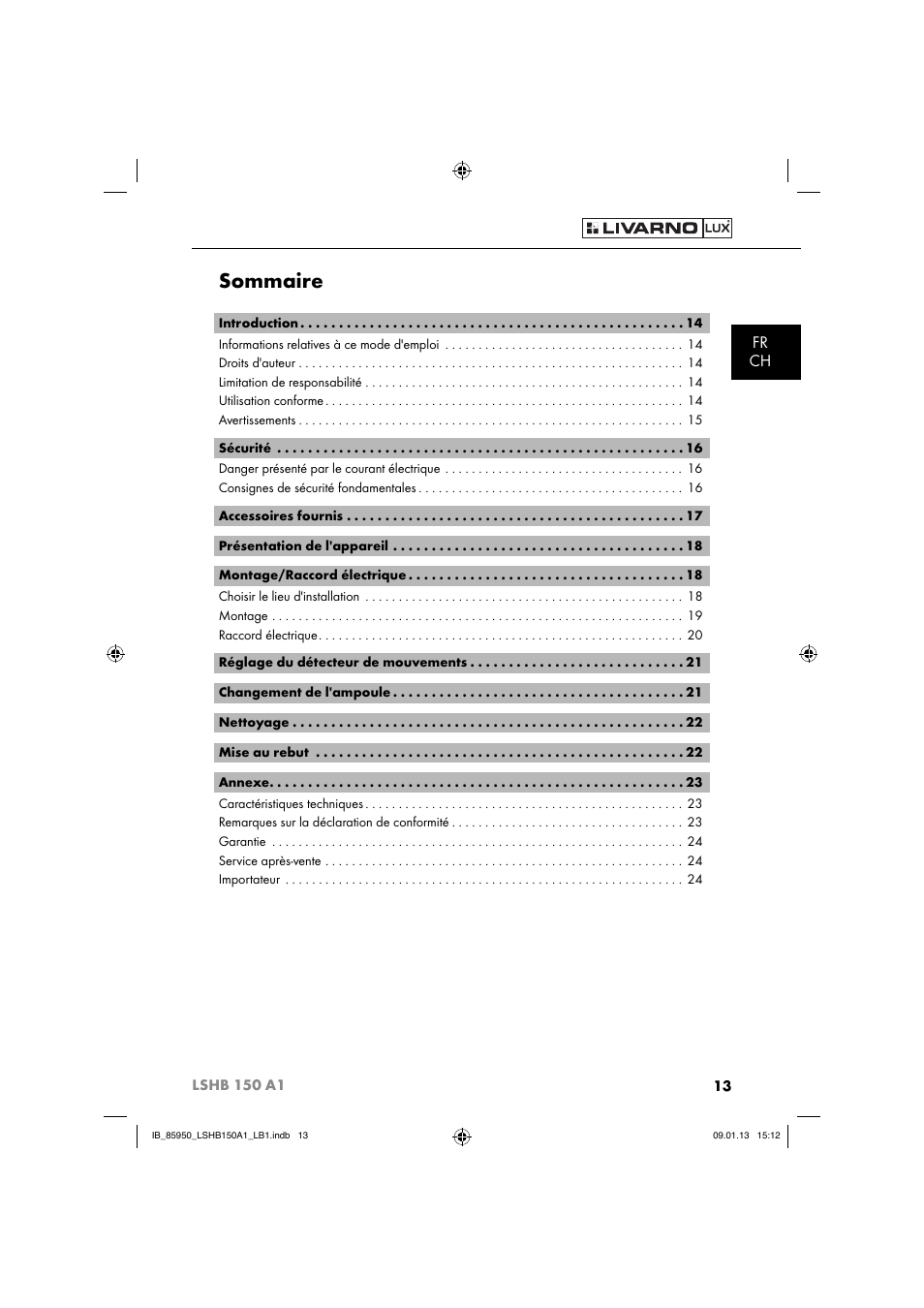 Sommaire, Fr ch | Livarno LSHB 150 A1 User Manual | Page 16 / 64