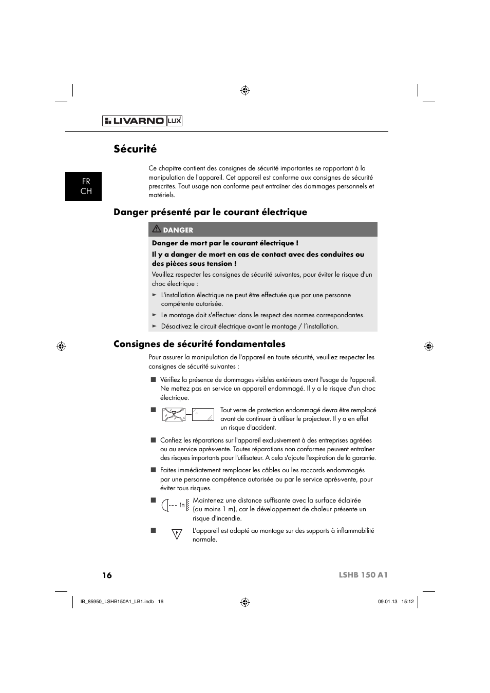 Sécurité, Danger présenté par le courant électrique, Consignes de sécurité fondamentales | Fr ch | Livarno LSHB 150 A1 User Manual | Page 19 / 64