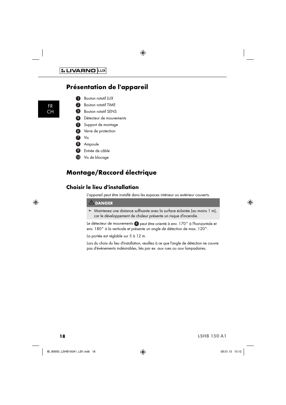 Présentation de l'appareil, Montage/raccord électrique, Choisir le lieu d'installation | Fr ch | Livarno LSHB 150 A1 User Manual | Page 21 / 64