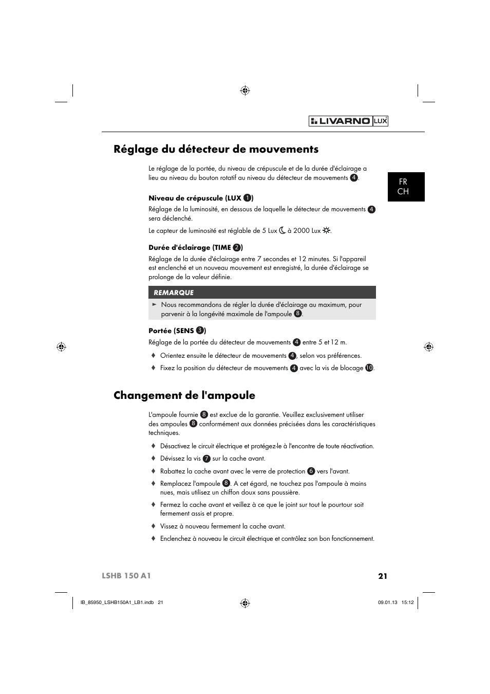 Réglage du détecteur de mouvements, Changement de l'ampoule, Fr ch | Livarno LSHB 150 A1 User Manual | Page 24 / 64