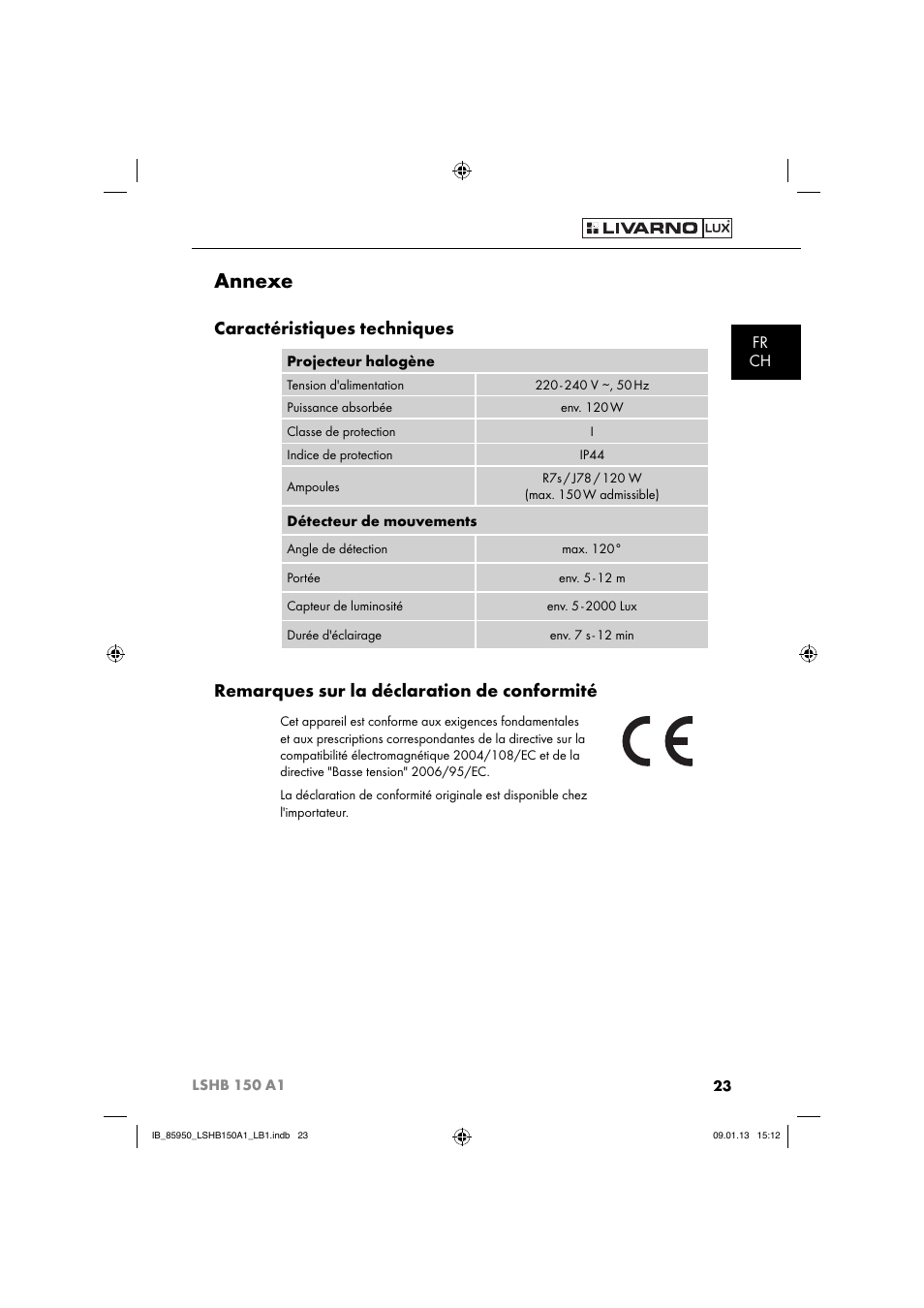 Annexe, Caractéristiques techniques, Remarques sur la déclaration de conformité | Fr ch | Livarno LSHB 150 A1 User Manual | Page 26 / 64