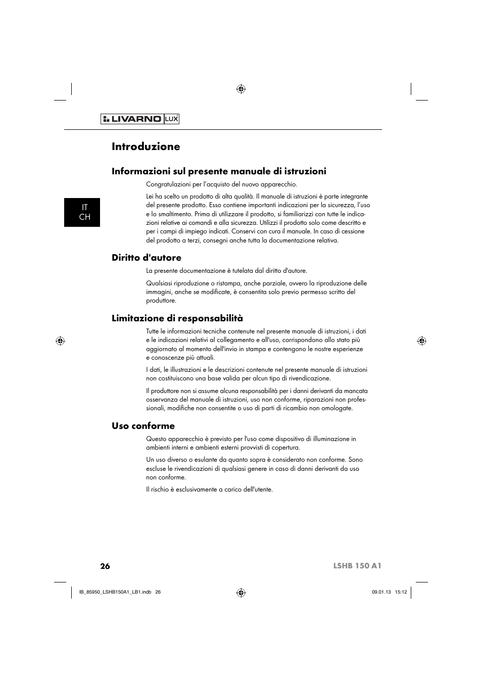 Introduzione, Informazioni sul presente manuale di istruzioni, Diritto d'autore | Limitazione di responsabilità, Uso conforme, It ch | Livarno LSHB 150 A1 User Manual | Page 29 / 64