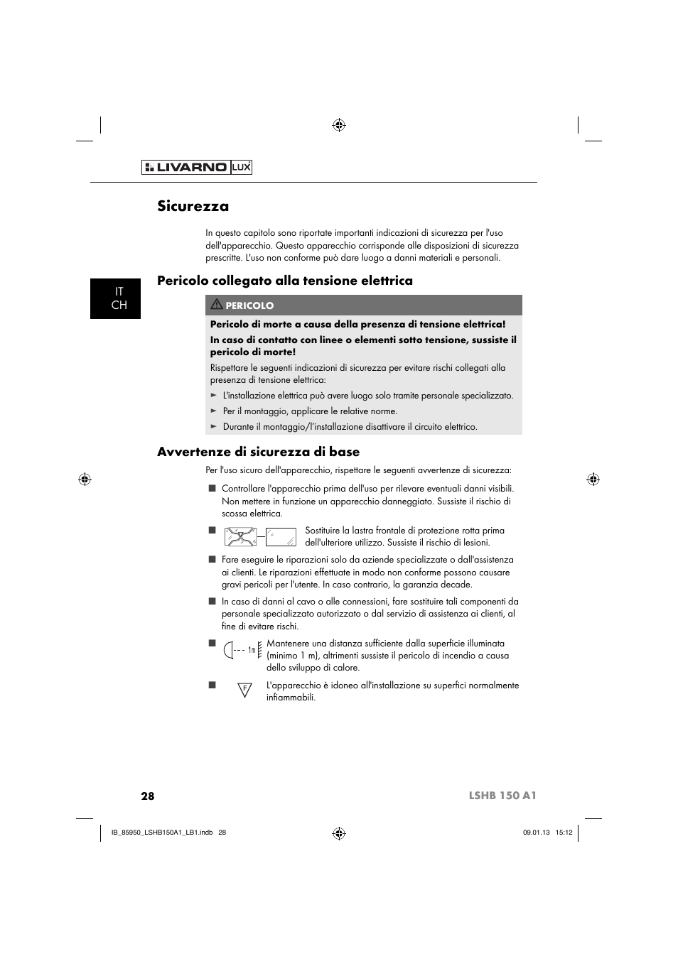 Sicurezza, Pericolo collegato alla tensione elettrica, Avvertenze di sicurezza di base | It ch | Livarno LSHB 150 A1 User Manual | Page 31 / 64