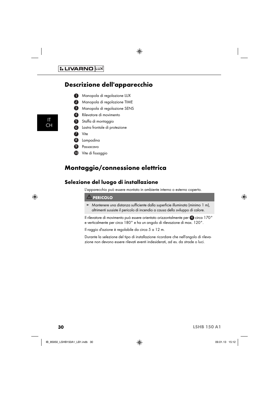 Descrizione dell'apparecchio, Montaggio/connessione elettrica, Selezione del luogo di installazione | It ch | Livarno LSHB 150 A1 User Manual | Page 33 / 64