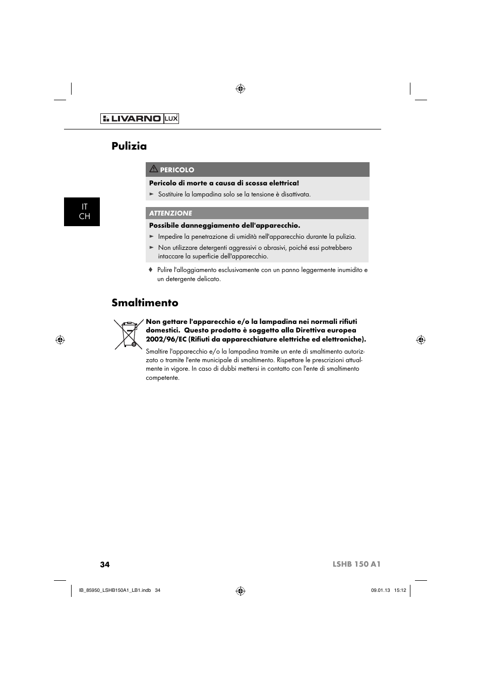 Pulizia, Smaltimento, It ch | Livarno LSHB 150 A1 User Manual | Page 37 / 64