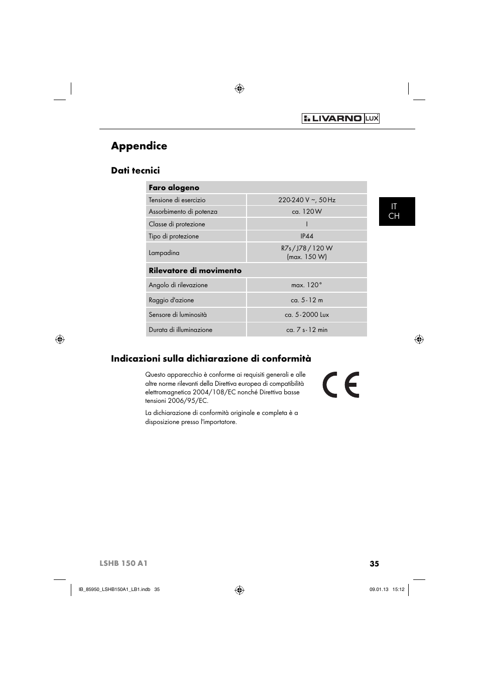 Appendice, Dati tecnici, Indicazioni sulla dichiarazione di conformità | It ch | Livarno LSHB 150 A1 User Manual | Page 38 / 64