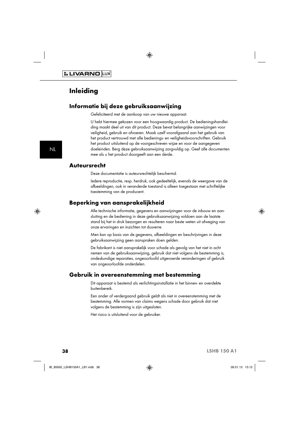 Inleiding, Informatie bij deze gebruiksaanwijzing, Auteursrecht | Beperking van aansprakelijkheid, Gebruik in overeenstemming met bestemming | Livarno LSHB 150 A1 User Manual | Page 41 / 64