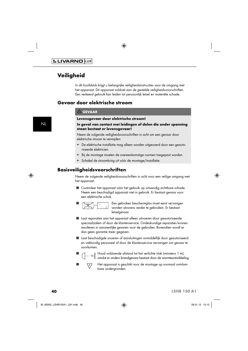 Veiligheid, Gevaar door elektrische stroom, Basisveiligheidsvoorschriften | Livarno LSHB 150 A1 User Manual | Page 43 / 64