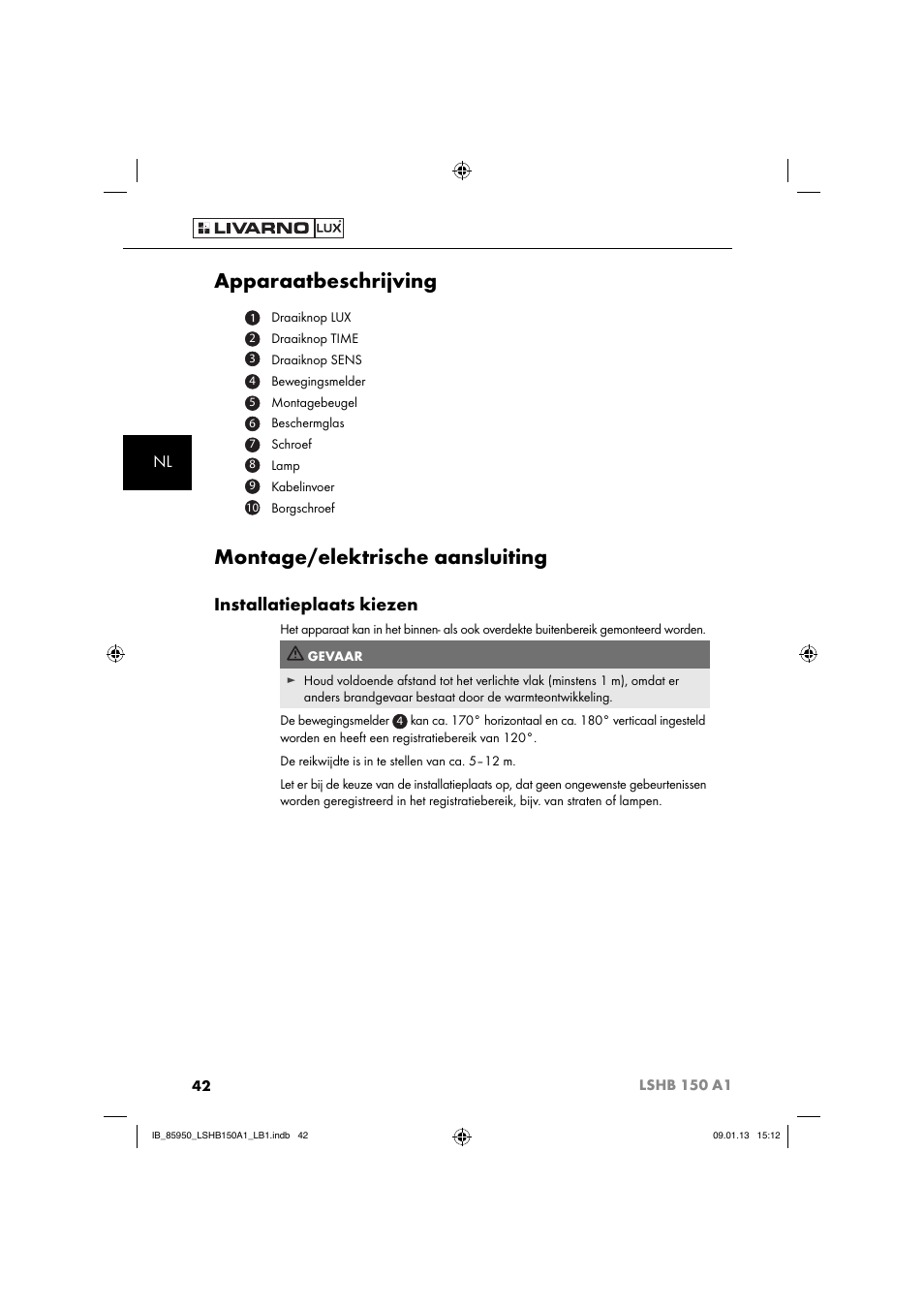 Apparaatbeschrijving, Montage/elektrische aansluiting, Installatieplaats kiezen | Livarno LSHB 150 A1 User Manual | Page 45 / 64