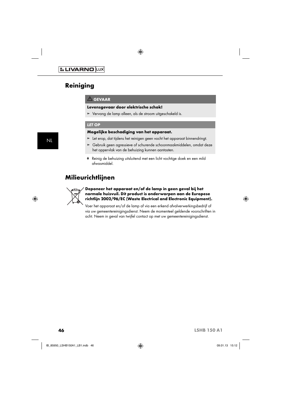 Reiniging, Milieurichtlijnen | Livarno LSHB 150 A1 User Manual | Page 49 / 64