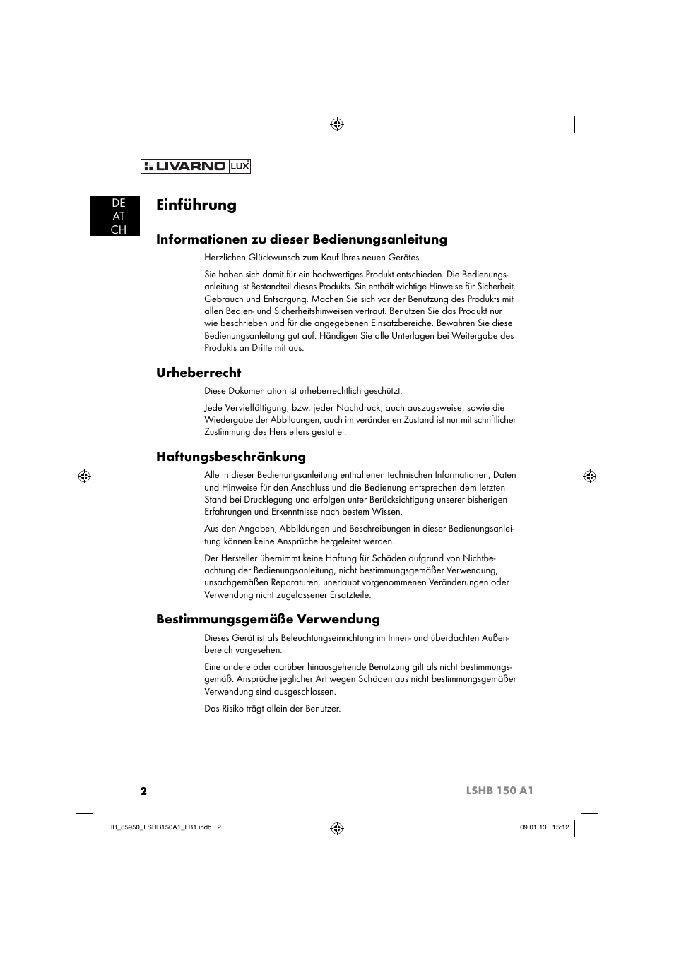 Einführung, Informationen zu dieser bedienungsanleitung, Urheberrecht | Haftungsbeschränkung, Bestimmungsgemäße verwendung, De at ch | Livarno LSHB 150 A1 User Manual | Page 5 / 64