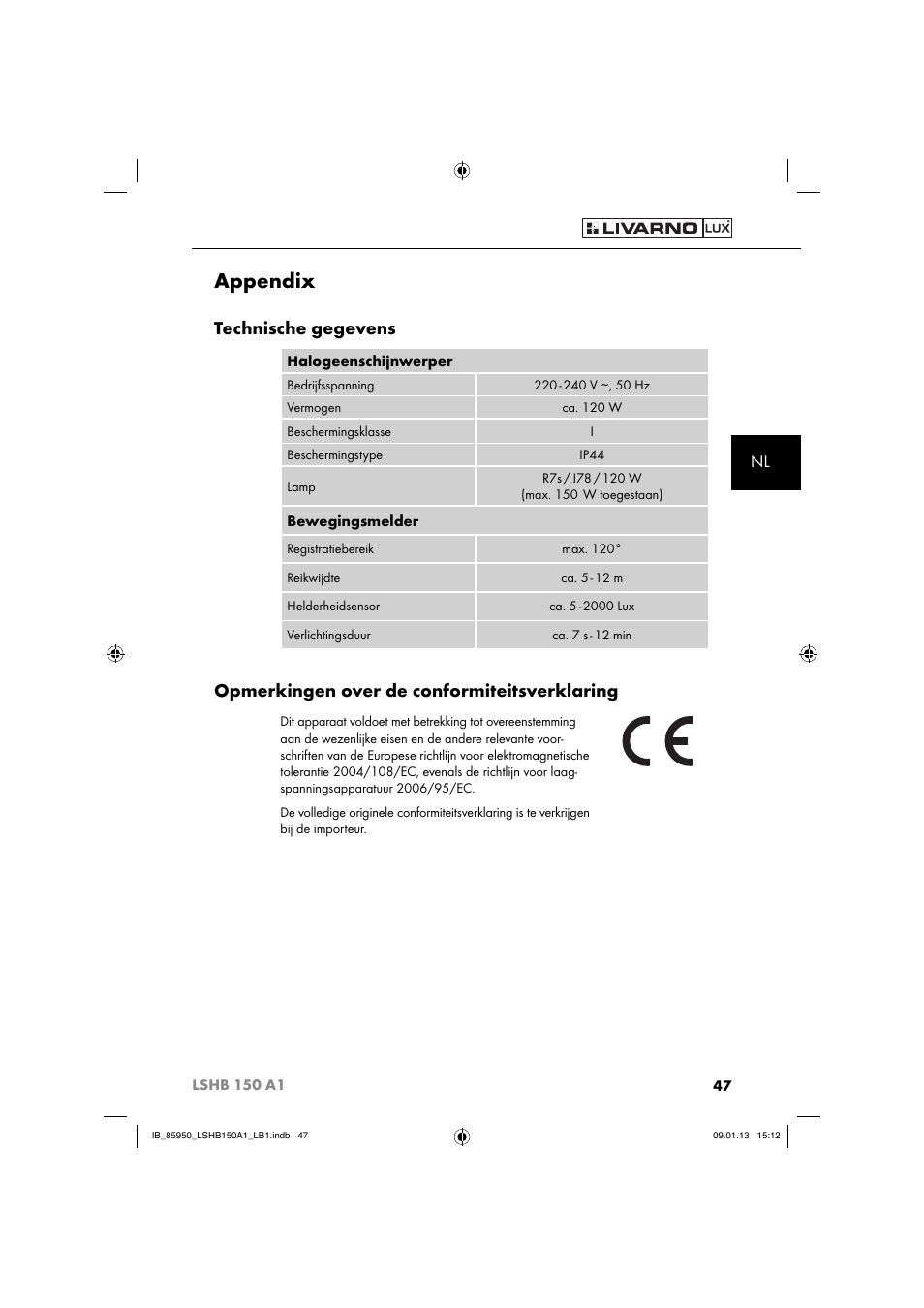 Appendix, Technische gegevens, Opmerkingen over de conformiteitsverklaring | Livarno LSHB 150 A1 User Manual | Page 50 / 64