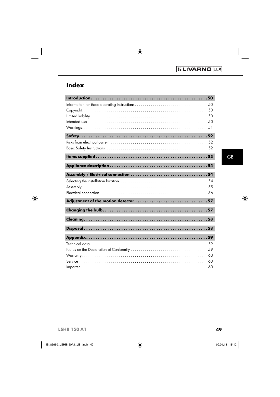 Index | Livarno LSHB 150 A1 User Manual | Page 52 / 64