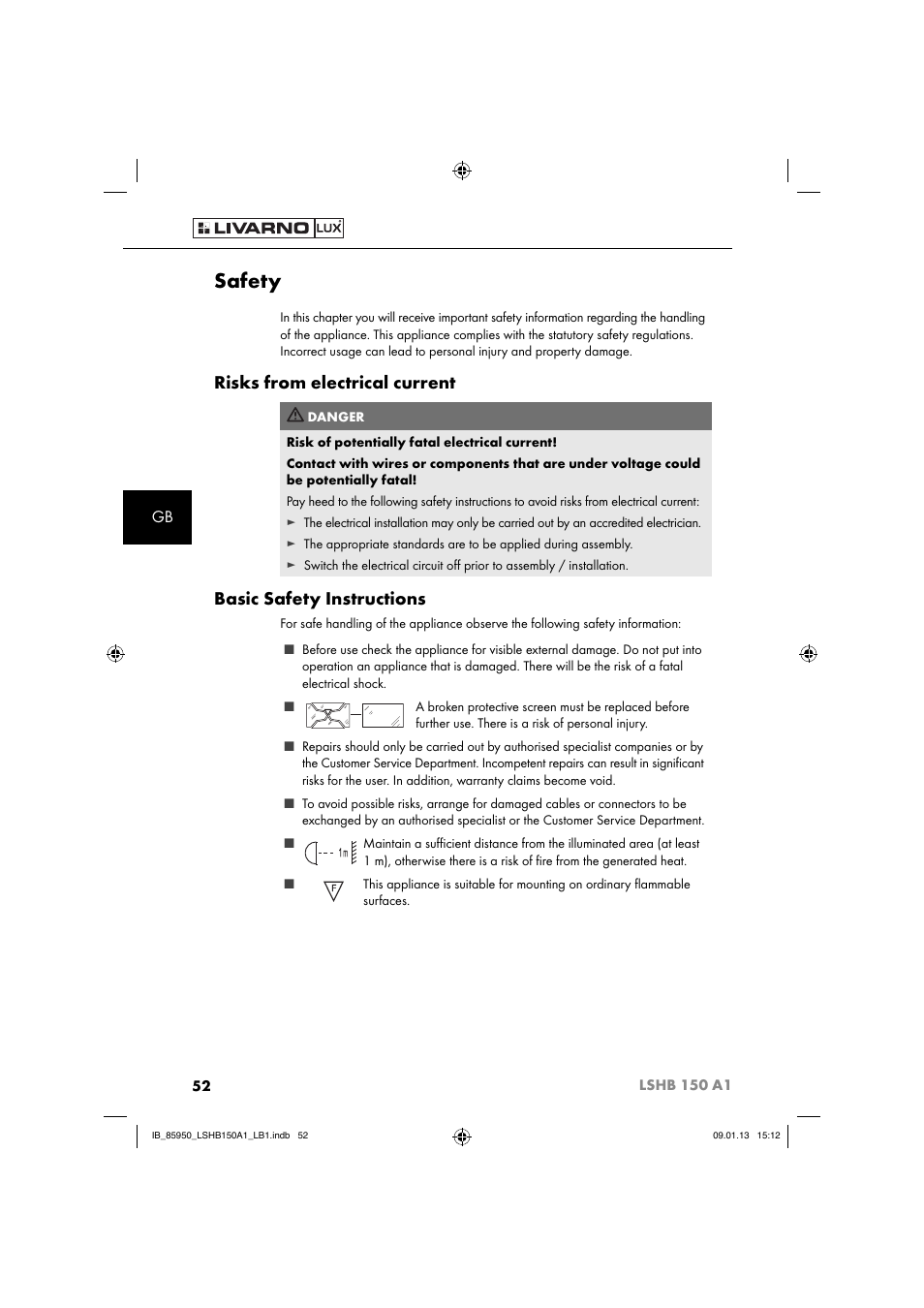 Safety, Risks from electrical current, Basic safety instructions | Livarno LSHB 150 A1 User Manual | Page 55 / 64