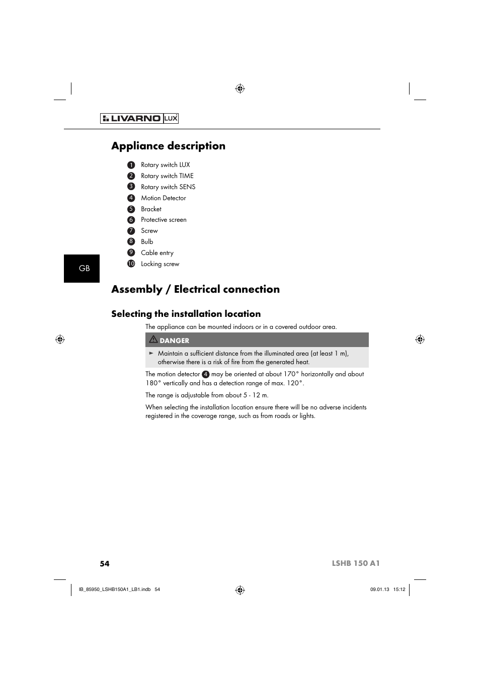 Appliance description, Assembly / electrical connection, Selecting the installation location | Livarno LSHB 150 A1 User Manual | Page 57 / 64