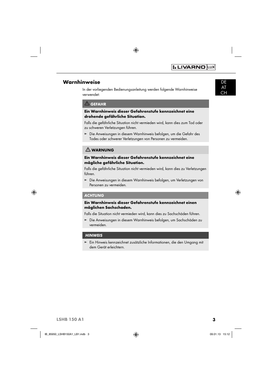 Warnhinweise, De at ch | Livarno LSHB 150 A1 User Manual | Page 6 / 64