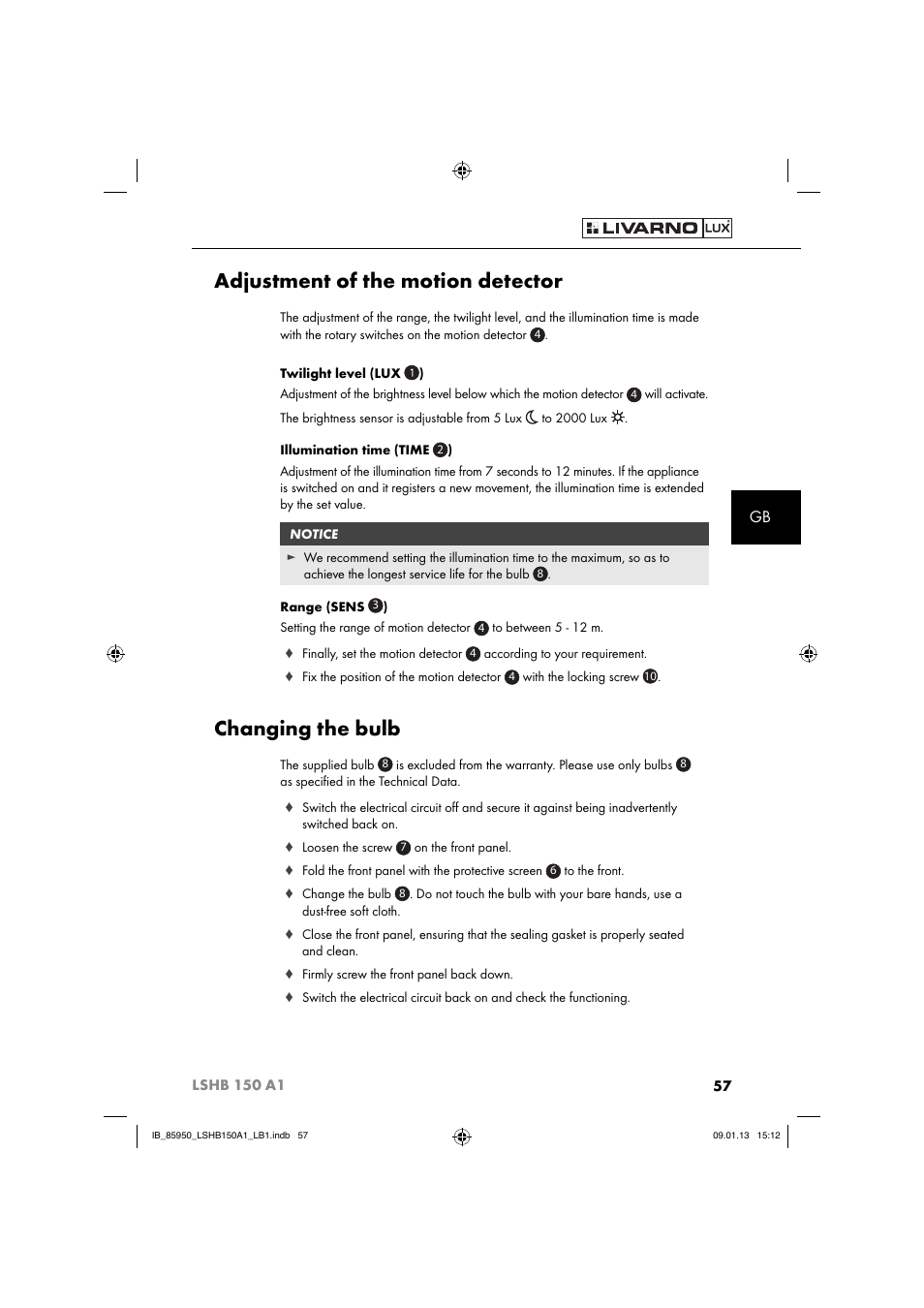 Adjustment of the motion detector, Changing the bulb | Livarno LSHB 150 A1 User Manual | Page 60 / 64