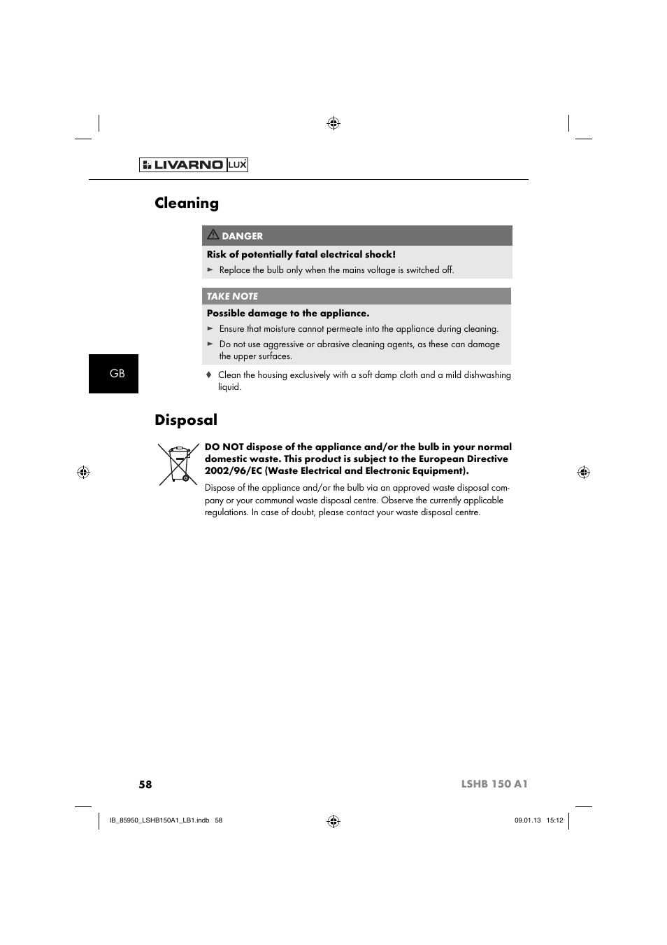 Cleaning, Disposal | Livarno LSHB 150 A1 User Manual | Page 61 / 64