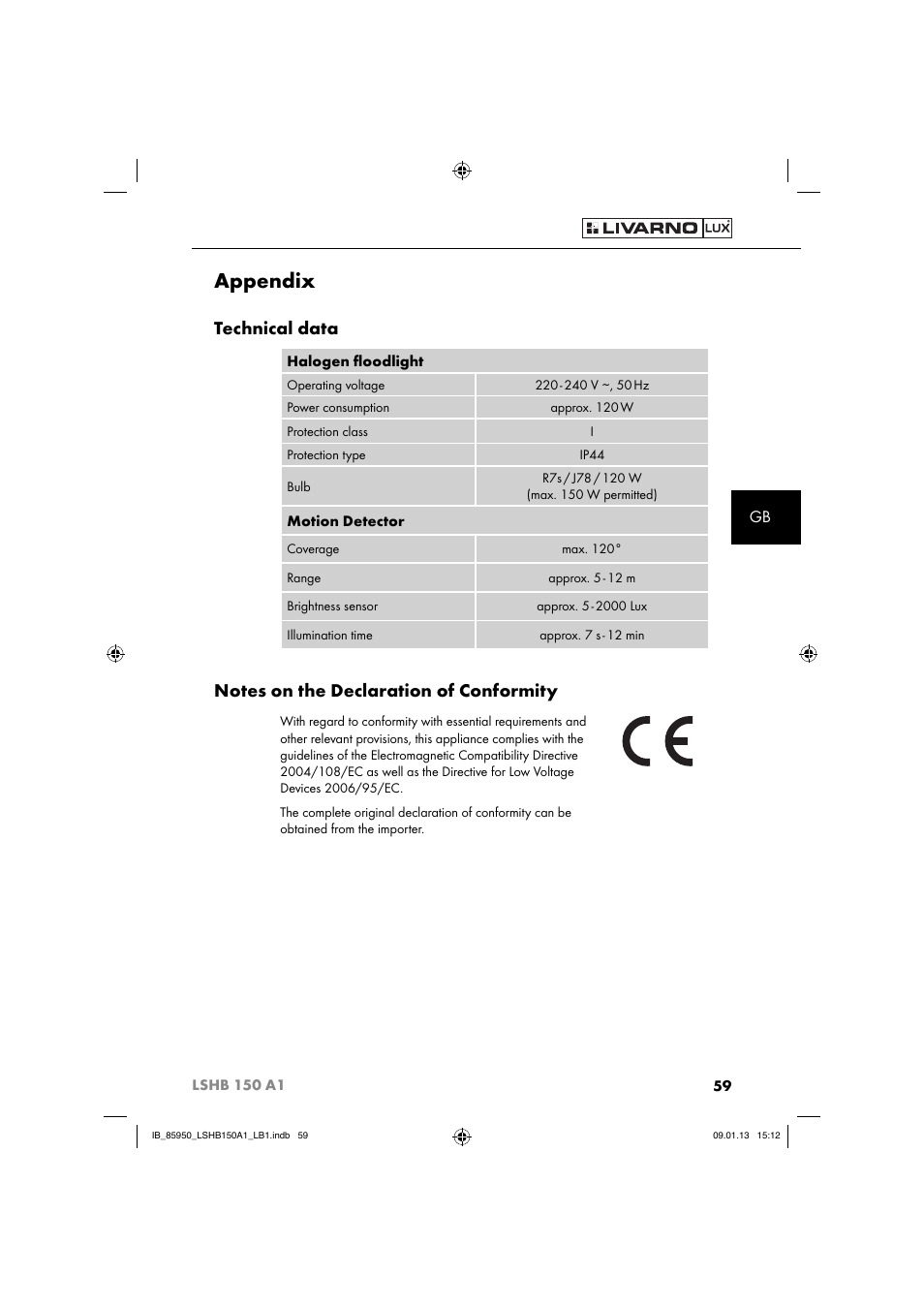 Appendix, Technical data | Livarno LSHB 150 A1 User Manual | Page 62 / 64