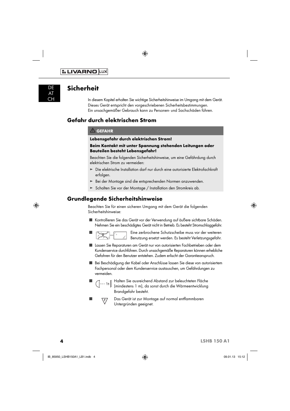 Sicherheit, Gefahr durch elektrischen strom, Grundlegende sicherheitshinweise | De at ch | Livarno LSHB 150 A1 User Manual | Page 7 / 64