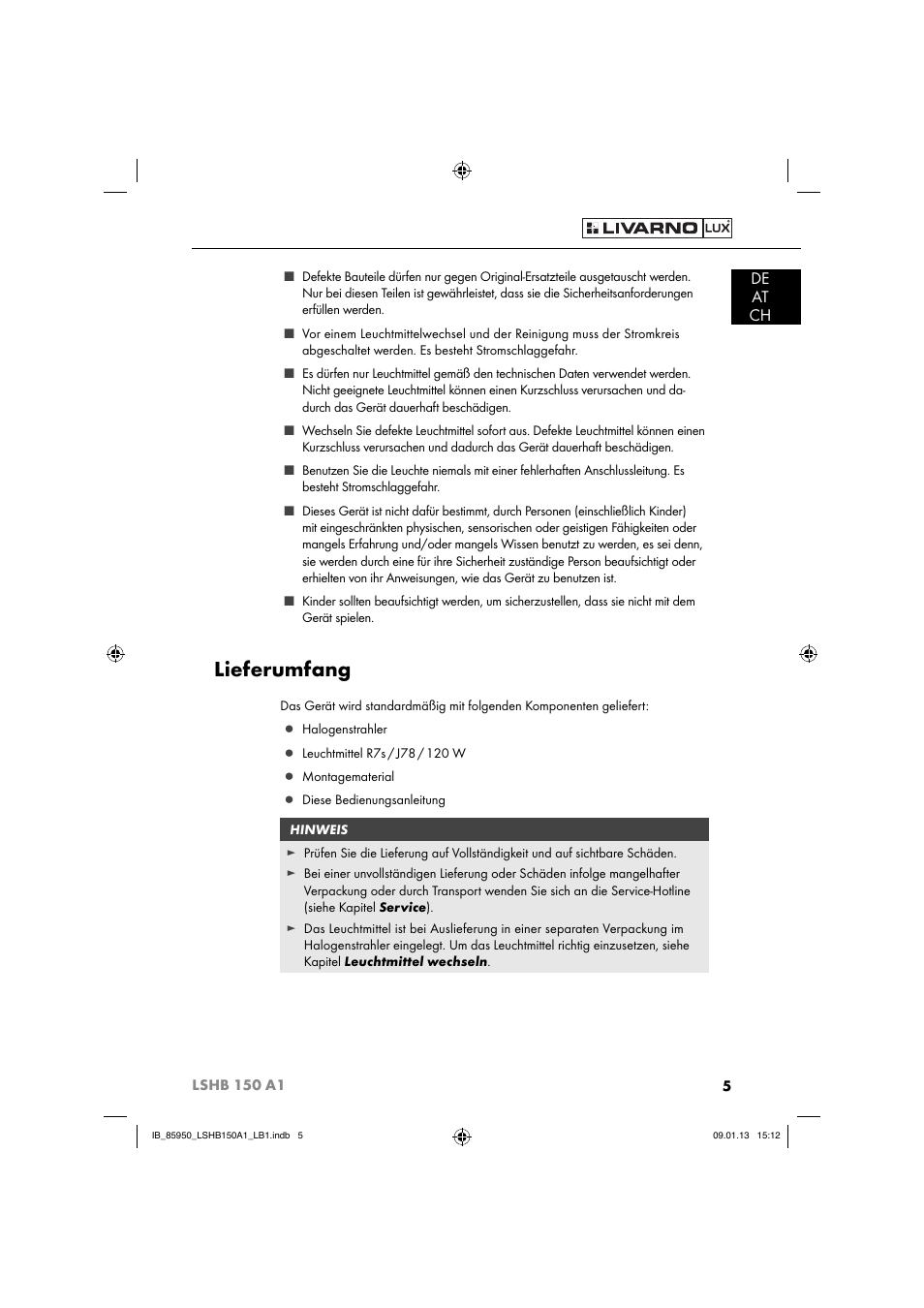 Lieferumfang, De at ch | Livarno LSHB 150 A1 User Manual | Page 8 / 64