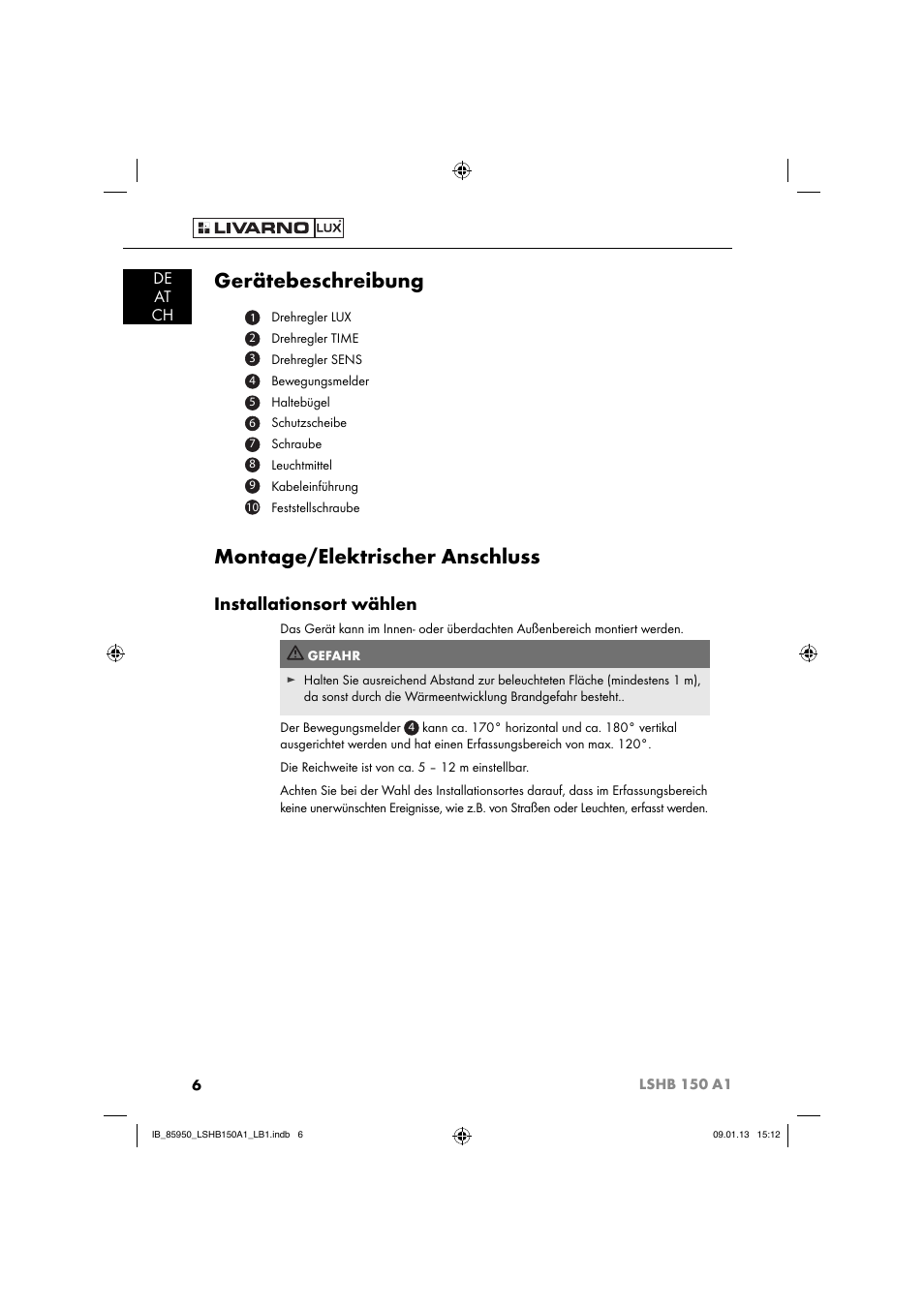 Gerätebeschreibung, Montage/elektrischer anschluss, Installationsort wählen | De at ch | Livarno LSHB 150 A1 User Manual | Page 9 / 64