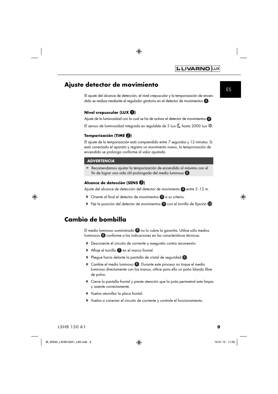 Ajuste detector de movimiento, Cambio de bombilla | Livarno LSHB 150 A1 User Manual | Page 12 / 64