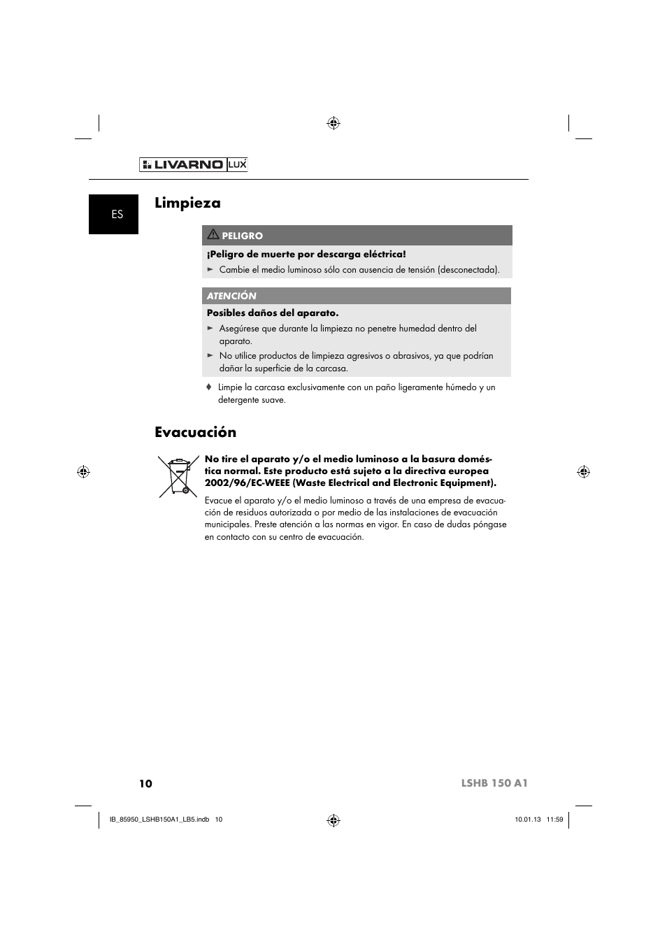 Limpieza, Evacuación | Livarno LSHB 150 A1 User Manual | Page 13 / 64