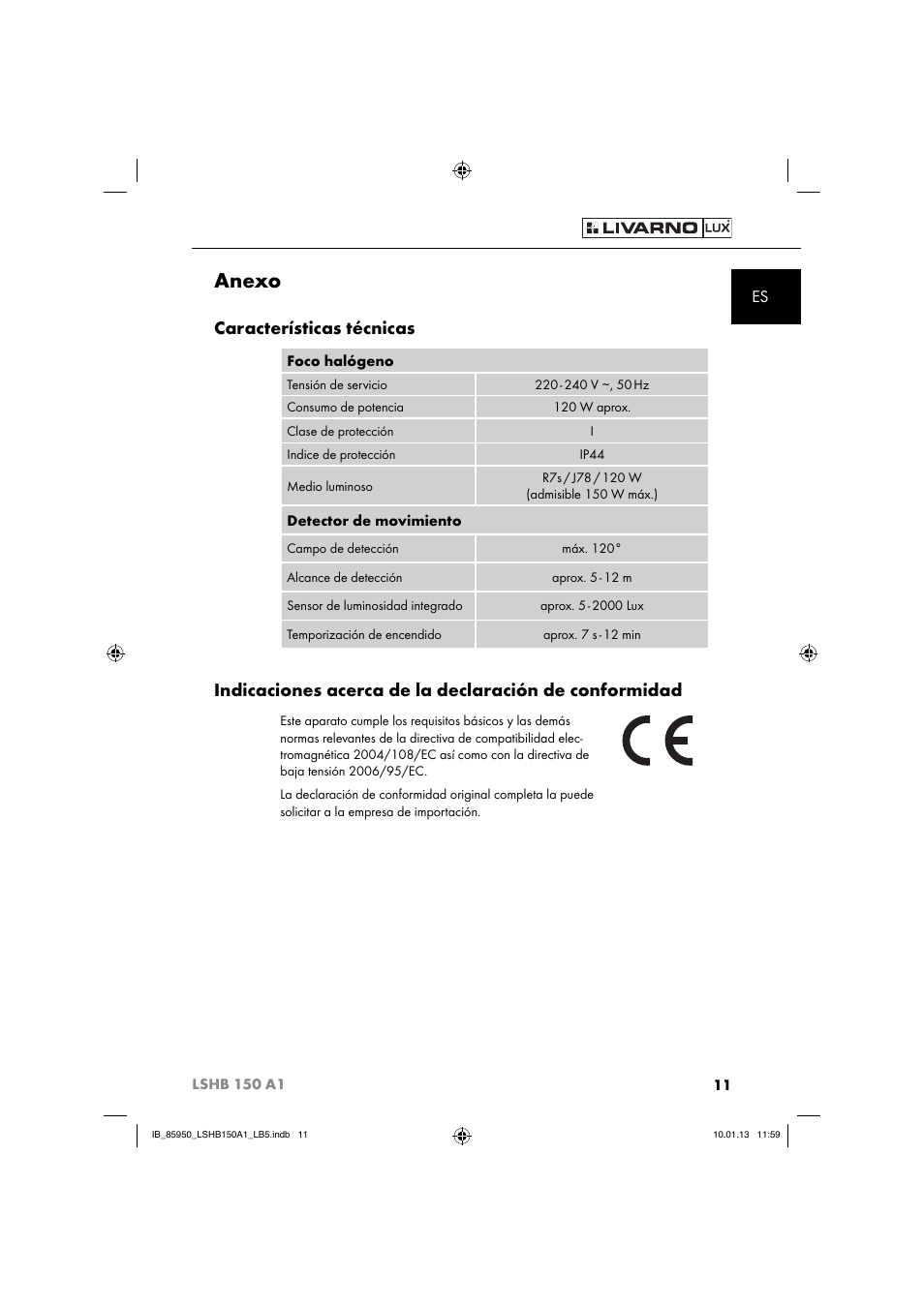 Anexo, Características técnicas | Livarno LSHB 150 A1 User Manual | Page 14 / 64