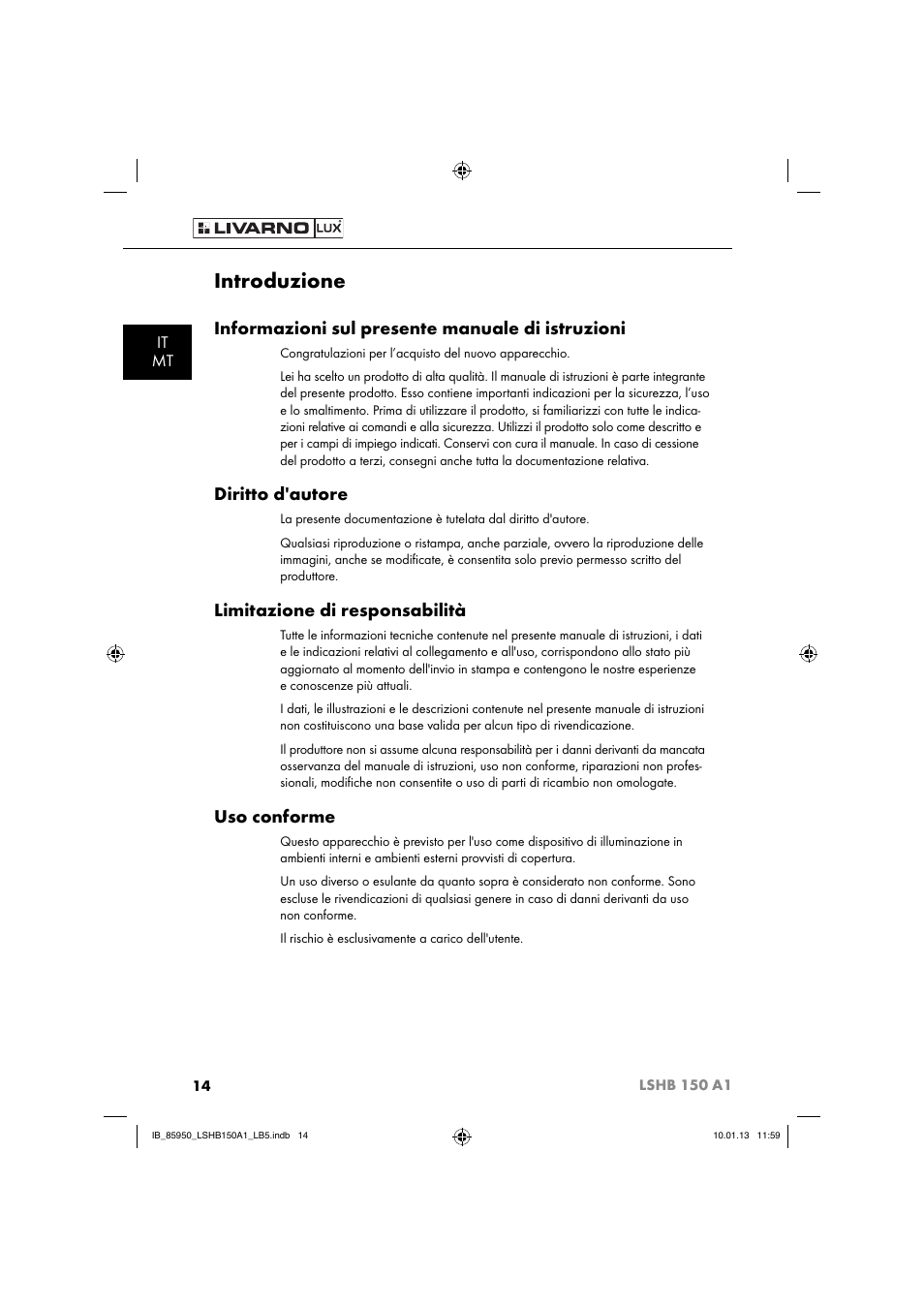 Introduzione, Informazioni sul presente manuale di istruzioni, Diritto d'autore | Limitazione di responsabilità, Uso conforme, It mt | Livarno LSHB 150 A1 User Manual | Page 17 / 64