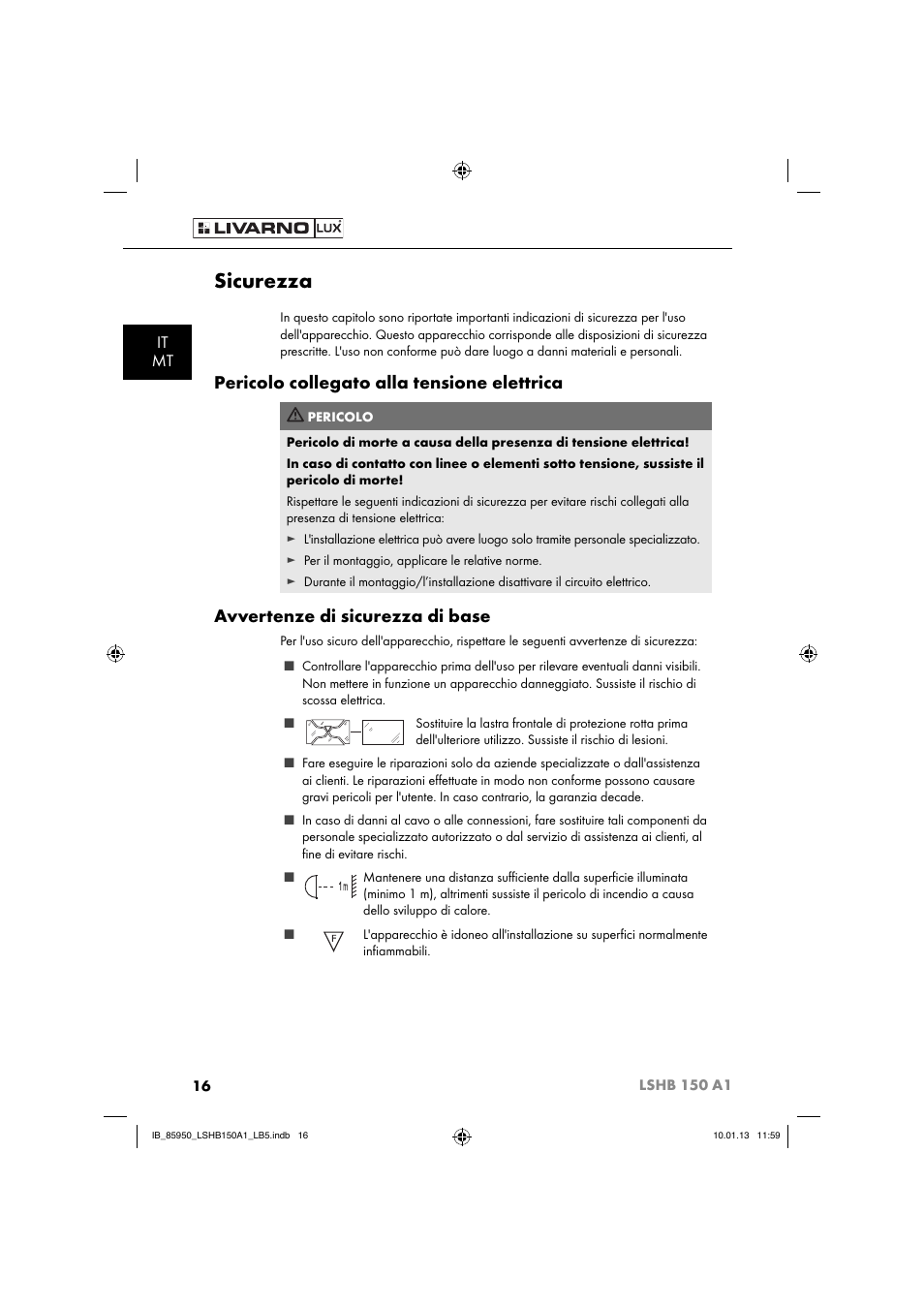 Sicurezza, Pericolo collegato alla tensione elettrica, Avvertenze di sicurezza di base | It mt | Livarno LSHB 150 A1 User Manual | Page 19 / 64