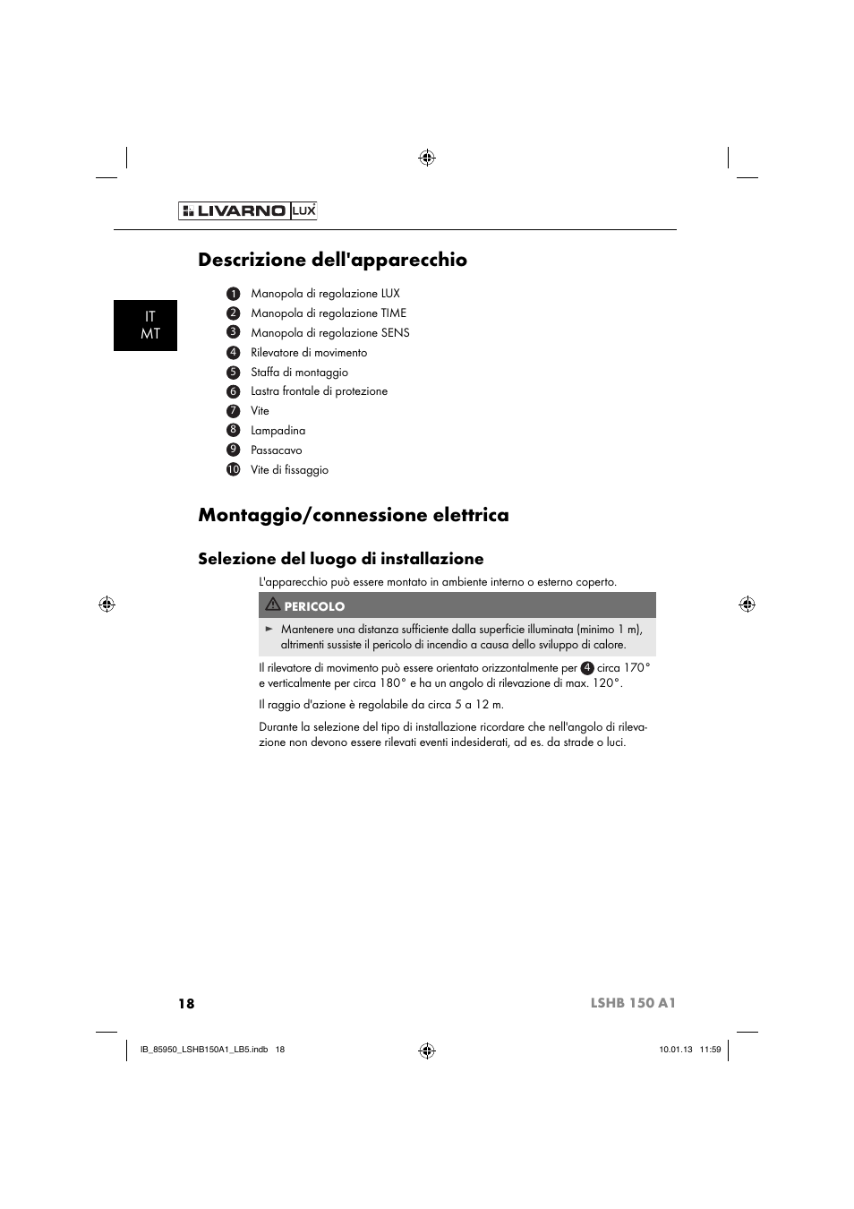 Descrizione dell'apparecchio, Montaggio/connessione elettrica, Selezione del luogo di installazione | It mt | Livarno LSHB 150 A1 User Manual | Page 21 / 64