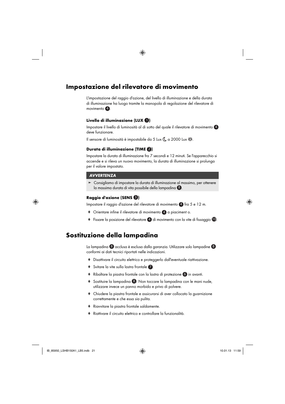 Impostazione del rilevatore di movimento, Sostituzione della lampadina | Livarno LSHB 150 A1 User Manual | Page 24 / 64