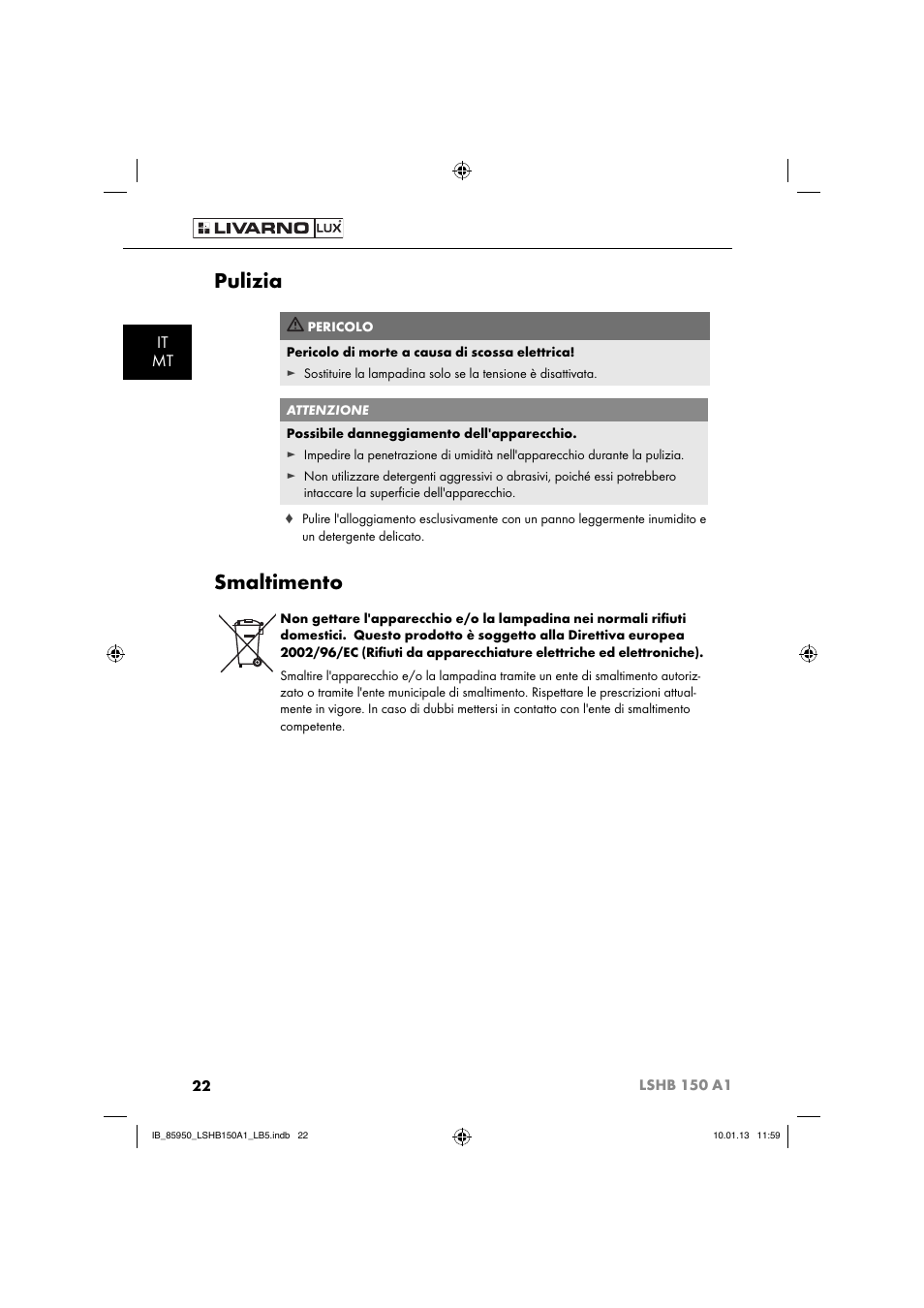 Pulizia, Smaltimento, It mt | Livarno LSHB 150 A1 User Manual | Page 25 / 64