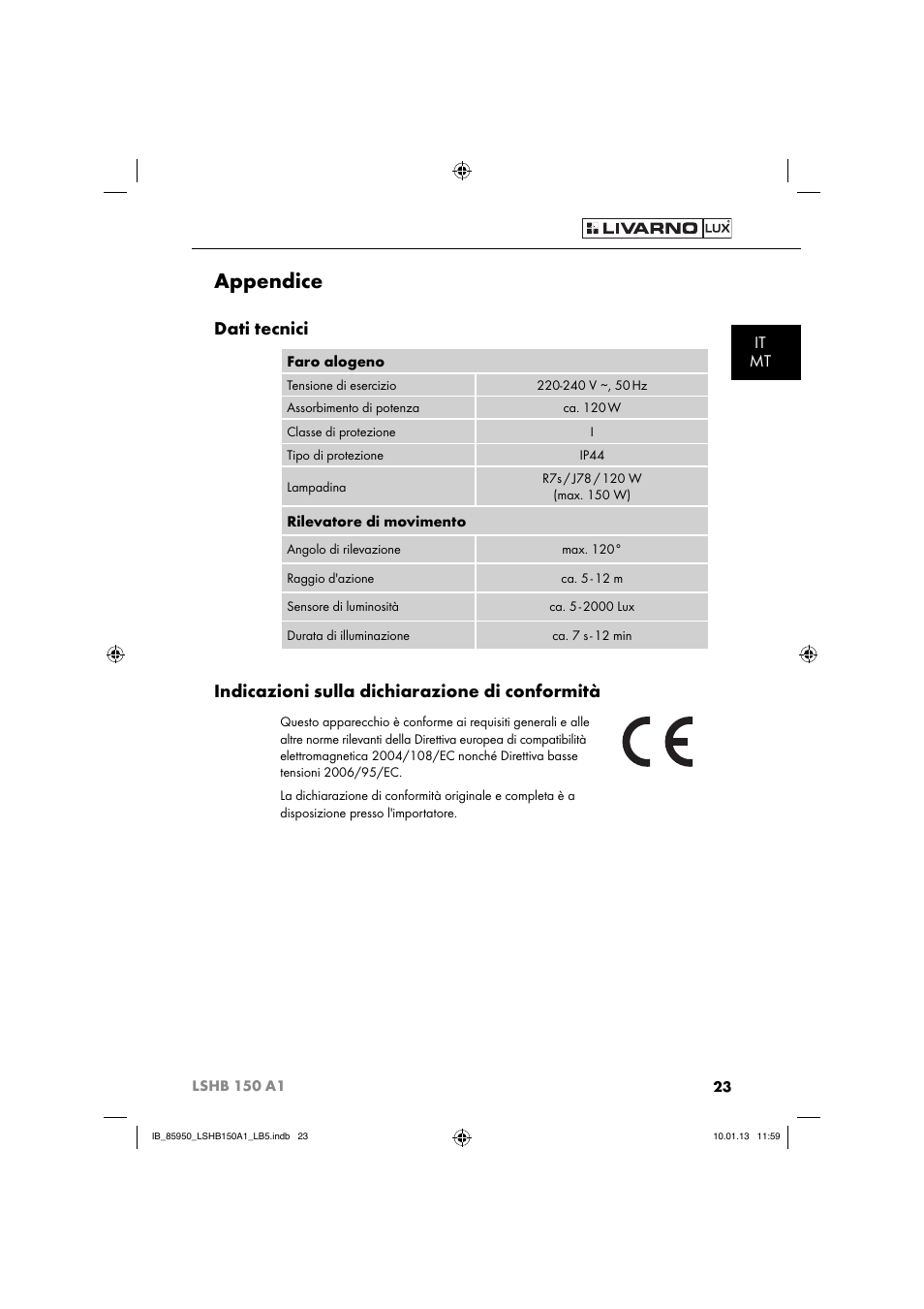 Appendice, Dati tecnici, Indicazioni sulla dichiarazione di conformità | It mt | Livarno LSHB 150 A1 User Manual | Page 26 / 64