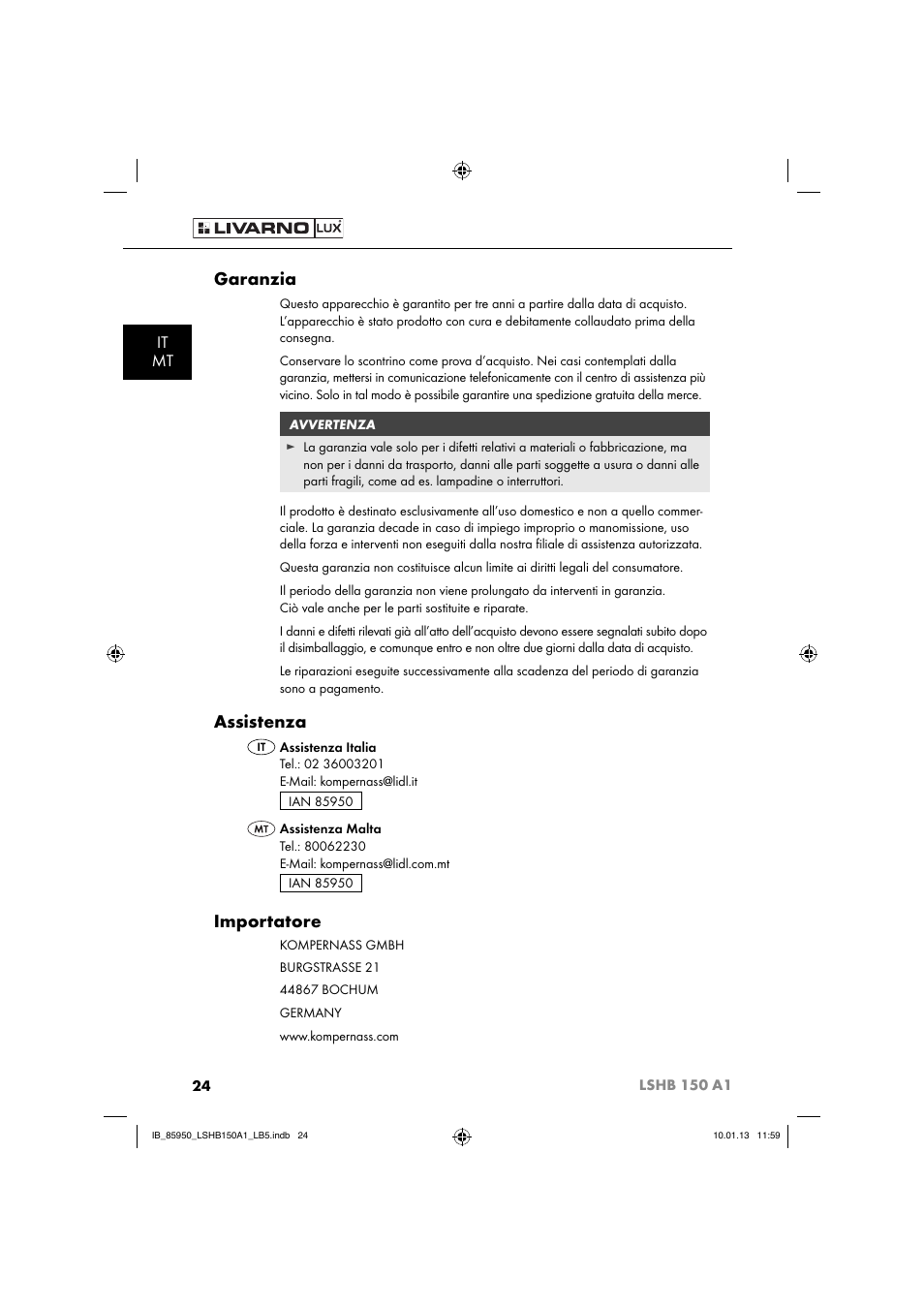 Garanzia, Assistenza, Importatore | It mt | Livarno LSHB 150 A1 User Manual | Page 27 / 64