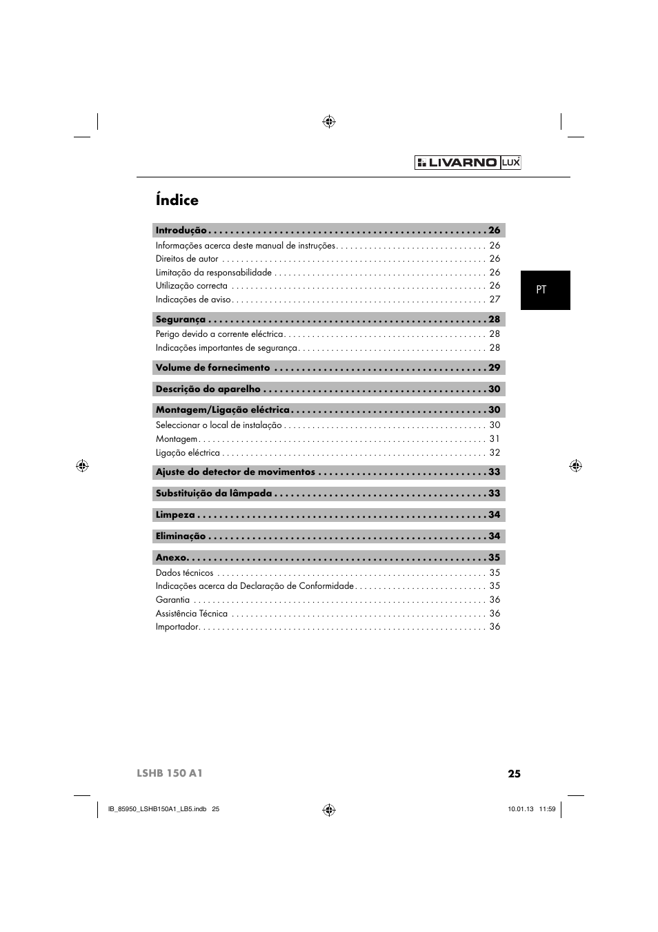 Índice | Livarno LSHB 150 A1 User Manual | Page 28 / 64