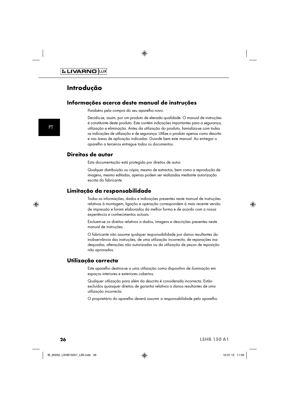 Introdução, Informações acerca deste manual de instruções, Direitos de autor | Limitação da responsabilidade, Utilização correcta | Livarno LSHB 150 A1 User Manual | Page 29 / 64