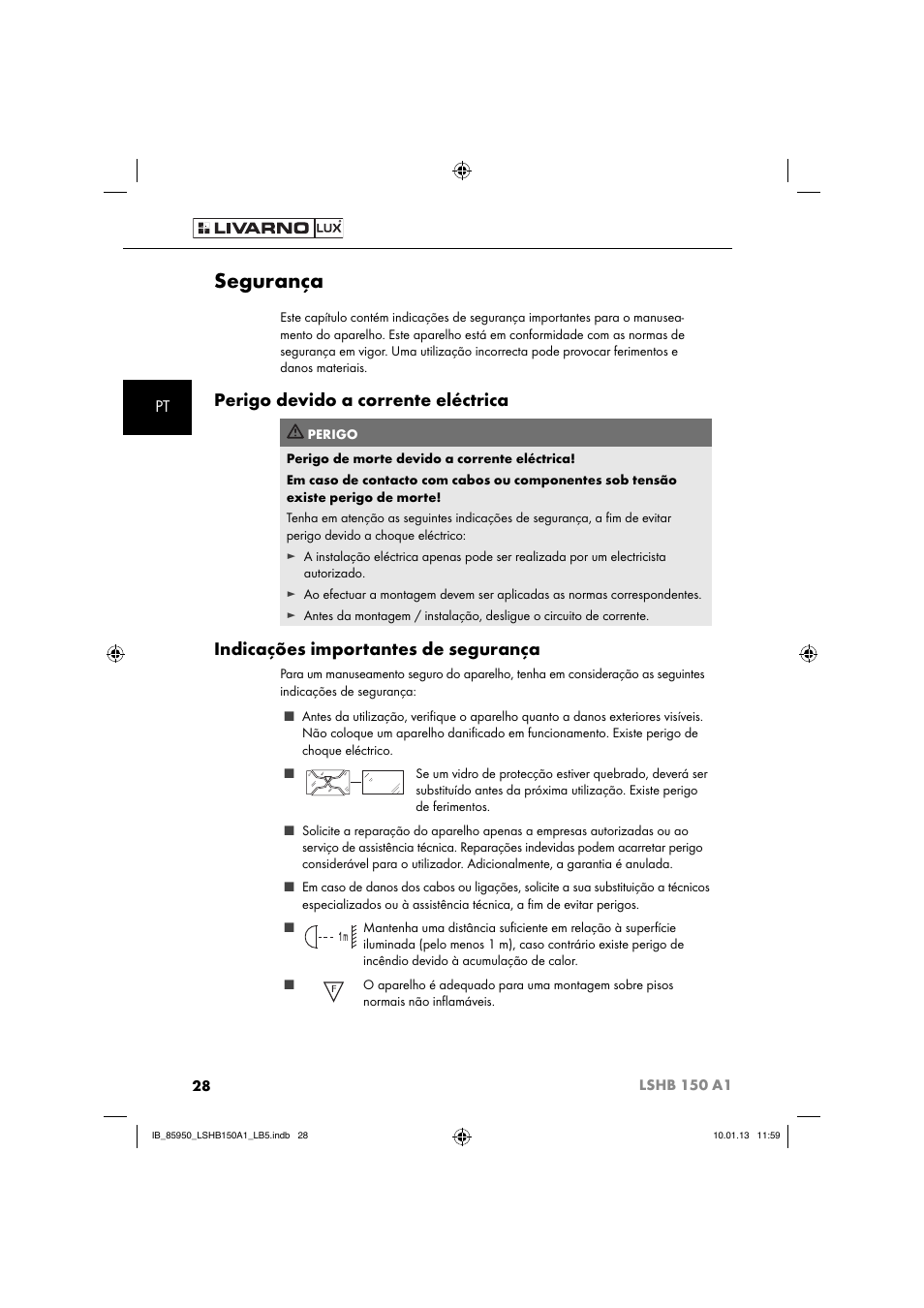Segurança, Perigo devido a corrente eléctrica, Indicações importantes de segurança | Livarno LSHB 150 A1 User Manual | Page 31 / 64
